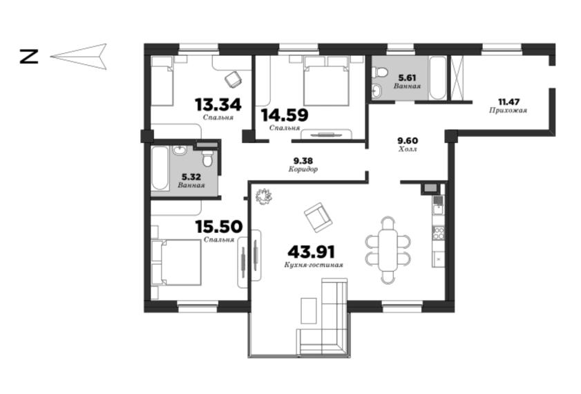 NEVA HAUS, 3 bedrooms, 127.72 m² | planning of elite apartments in St. Petersburg | М16